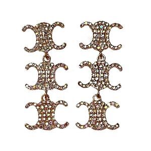 Designer Inspired Gold-Tone Iridescent Crystal Logo Dangle Earrings